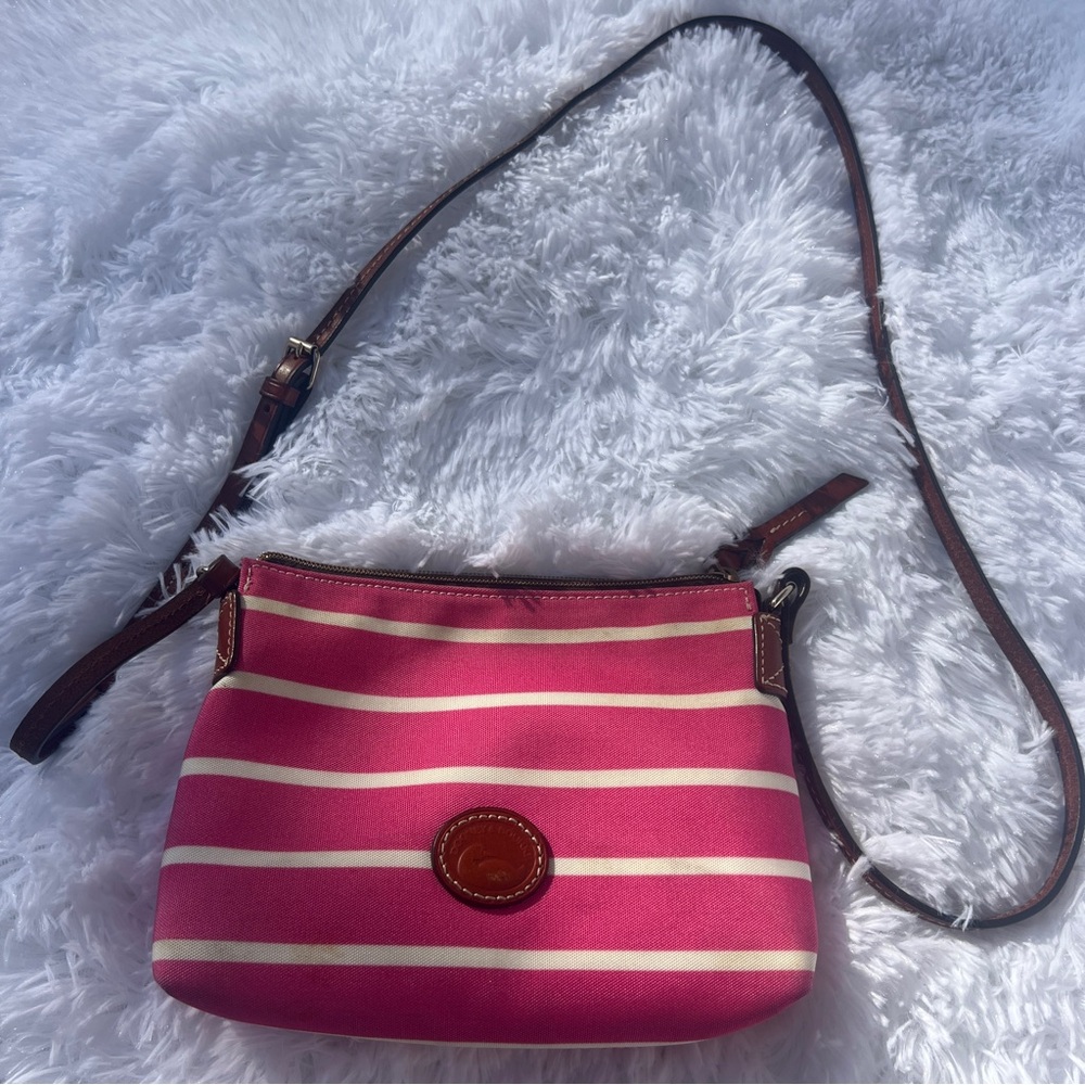Dooney & Bourke Pink and Cream Striped Crossbody with Brown Trim